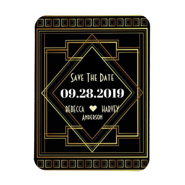 black and gold gatsby wedding save the date magnet (Vertical)