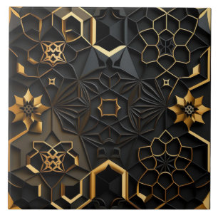 Black and Gold Geometric Floral Mosaic Effect Ceramic Tile