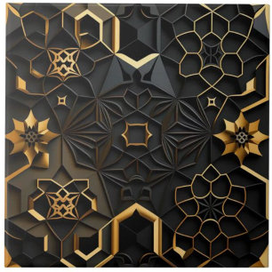 Black and Gold Geometric Floral Mosaic Effect Ceramic Tile