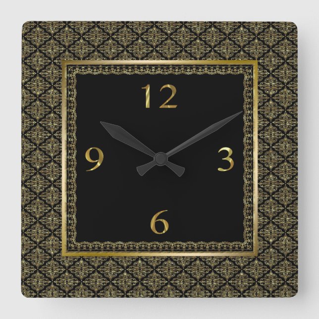 Black And Gold Geometric Pattern Damasks Square Wall Clock (Front)