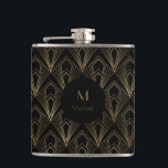 Black and Gold Geometric  Pattern | Monogram Hip Flask<br><div class="desc">Elegant and chic black and gold art deco geometric pattern with monogram. This is a template ready for you to personalise with your initial. Inspired by the 1920's Gatsby  Art Deco style. Great for speakeasy party or father day gift.</div>