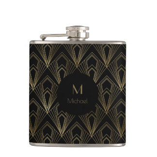 Black and Gold Geometric  Pattern | Monogram Hip Flask