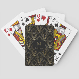 Black and Gold Geometric  Pattern   Monogram Playing Cards
