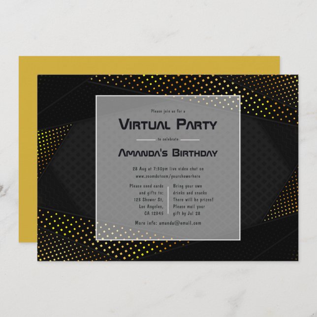 Black and Gold Geometric Virtual Birthday Party Invitation (Front/Back)