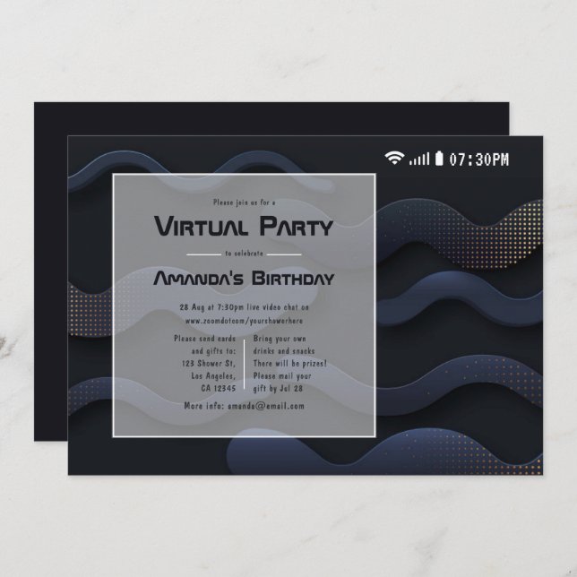 Black and Gold Geometric Virtual Birthday Party Invitation (Front/Back)