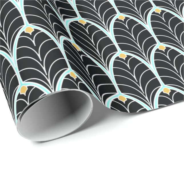 Black and Gold Glam Art Deco Palmetto Wrapping Paper (Roll Corner)