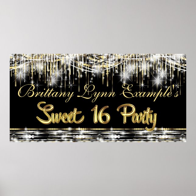 Black and Gold Glam Sweet 16 Party Banner Poster (Front)