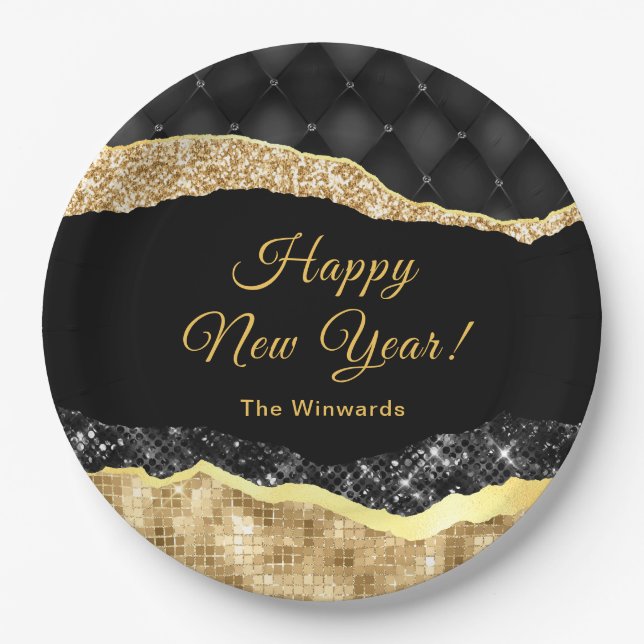 Black and Gold Glam Tears Happy New Year Paper Plate (Front)