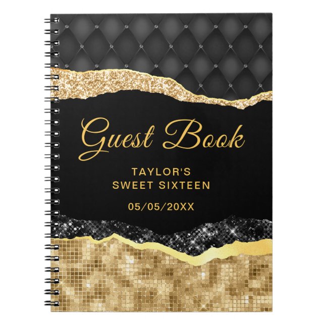 Black and Gold Glam Tears Sweet Sixteen Guest Book (Front)