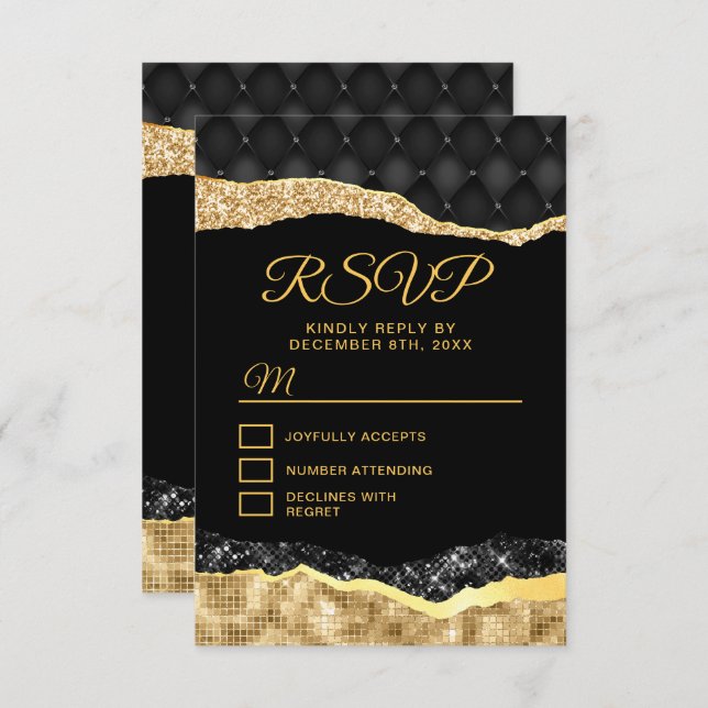 Black and Gold Glam Tears Sweet Sixteen RSVP Card (Front/Back)