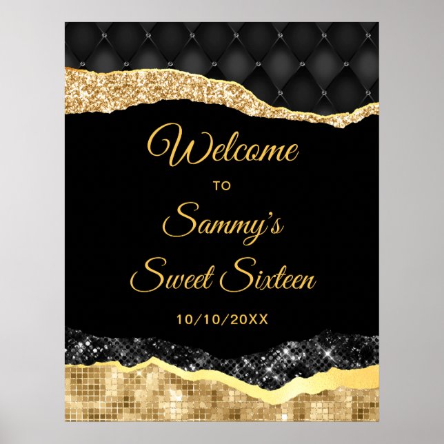 Black and Gold Glam Tears Sweet Sixteen Welcome Poster (Front)