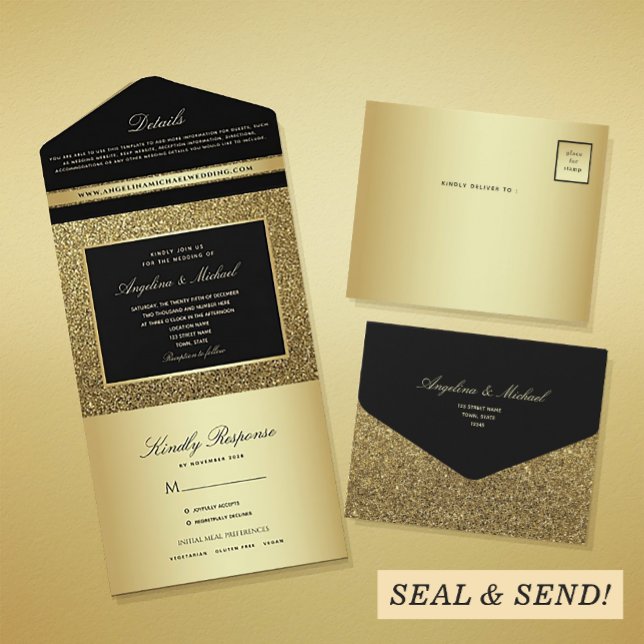 Black and Gold Glam Wedding All In One Invitation (Creator Uploaded)