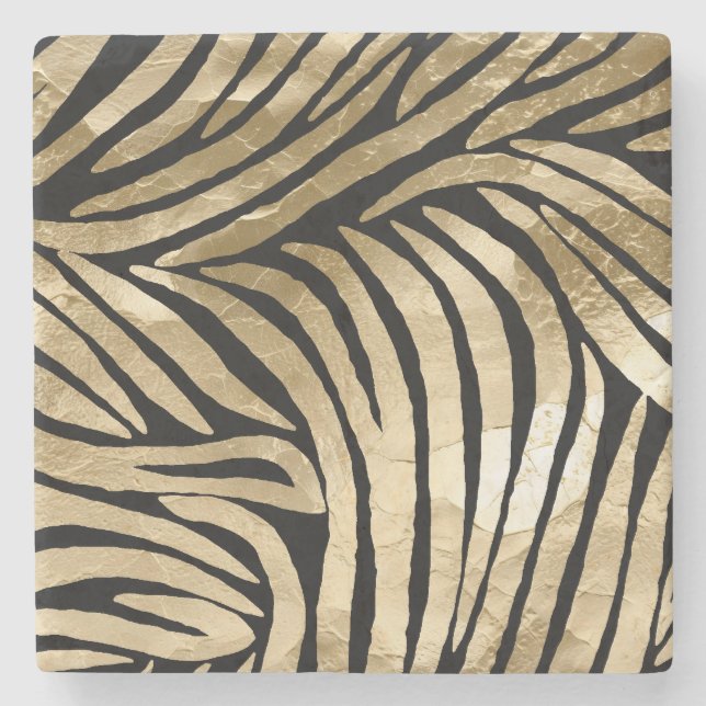 Black and Gold Glam Zebra Print Stone Coaster (Front)