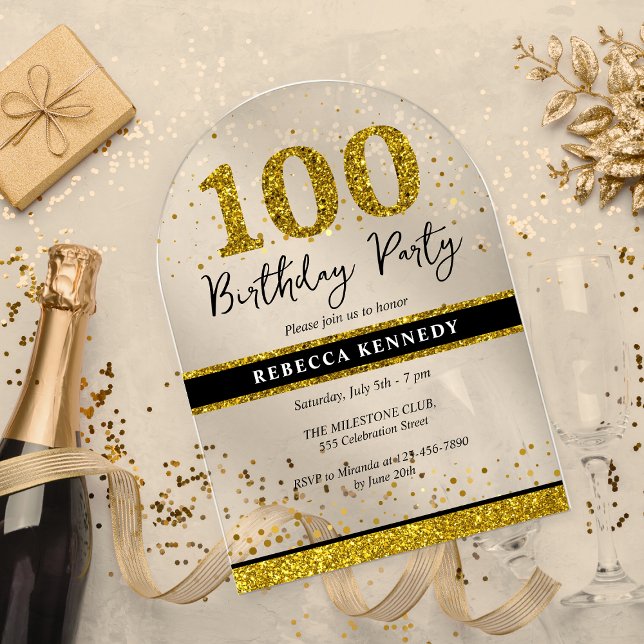 Black And Gold Glitter 100th Birthday Party Acrylic Invitations (Black And Gold Glitter 100th Birthday Party Acrylic Invitations)