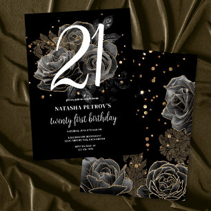 Black and Gold Glitter 21st Birthday Party Invitation