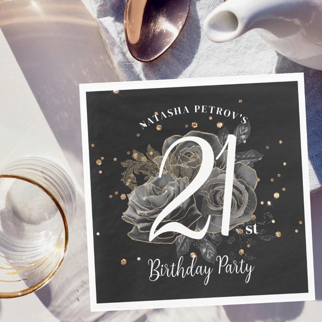 Black and Gold Glitter 21st Birthday Party Napkin (Creator Uploaded)