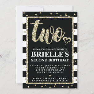 Black and Gold Glitter 2nd Birthday Invitation