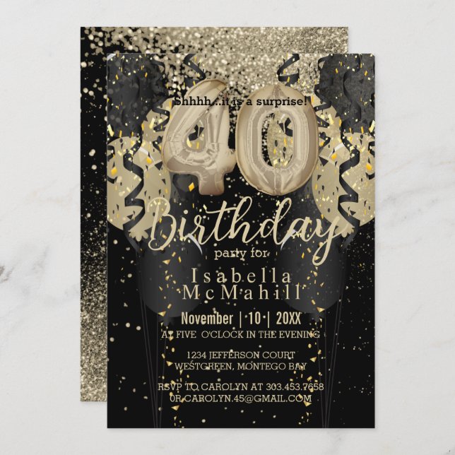 Black and Gold Glitter 40th Birthday Invitation (Front/Back)