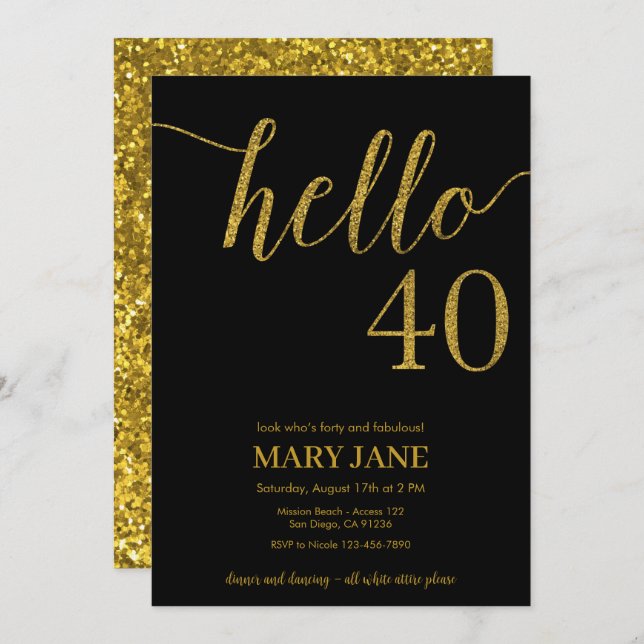 Black and Gold Glitter 40th Birthday Invitation (Front/Back)