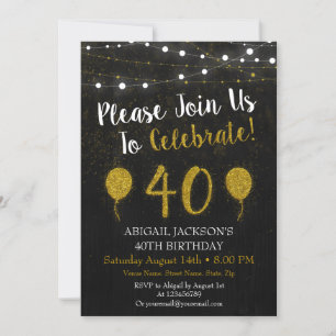 Black And Gold Glitter 40th Birthday Invitation