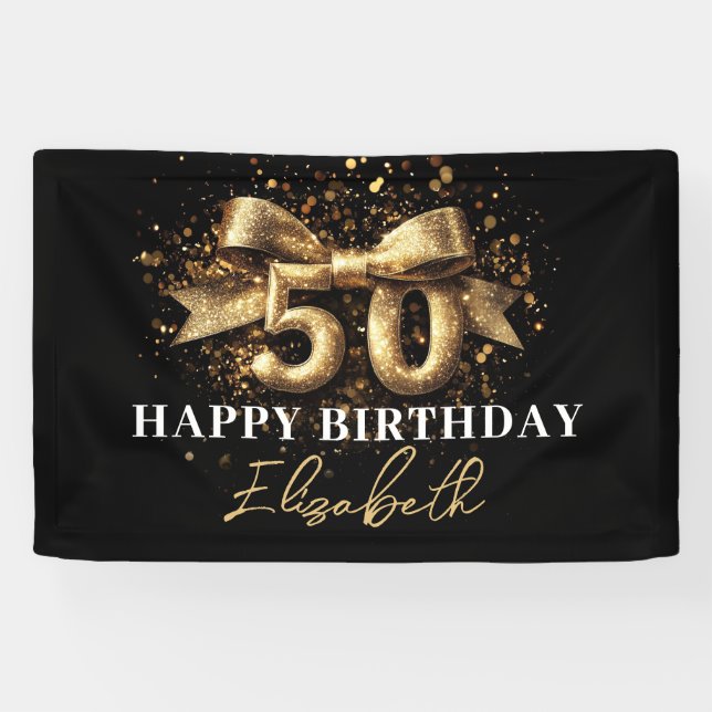 Black and Gold Glitter 50 Happy Birthday Party Banner (Horizontal)