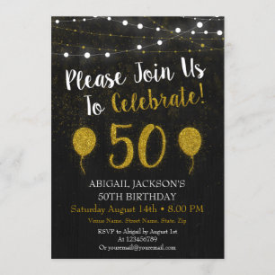 Black And Gold Glitter 50th Birthday Invitation
