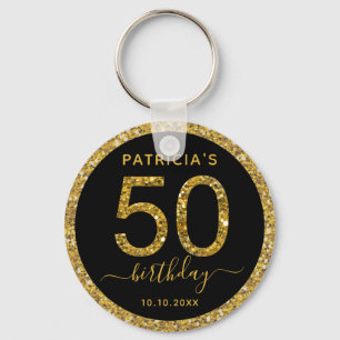 Black And Gold Glitter 50th Birthday Party Favour Key Ring