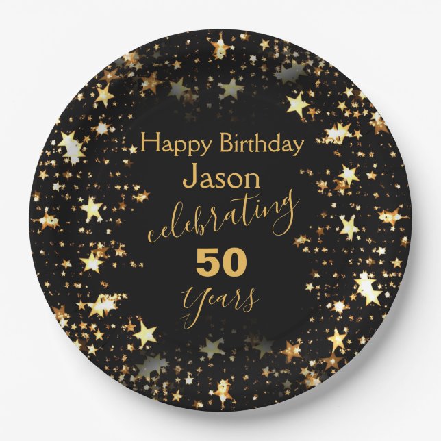 Black and Gold Glitter 50th Birthday Party Paper Plate (Front)