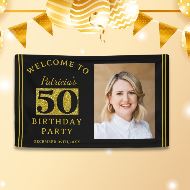Black And Gold Glitter 50th Birthday Party Photo Banner (Classy Black Gold Glitter 50th Birthday Party Photo welcome banner)