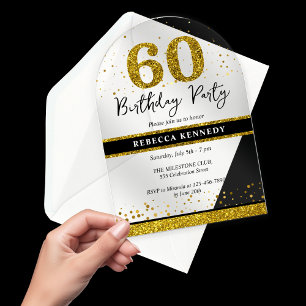 Black And Gold Glitter 60th Birthday Party Acrylic Invitations