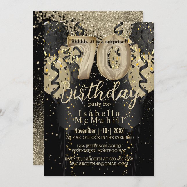 Black and Gold Glitter 70th Birthday Invitation (Front/Back)