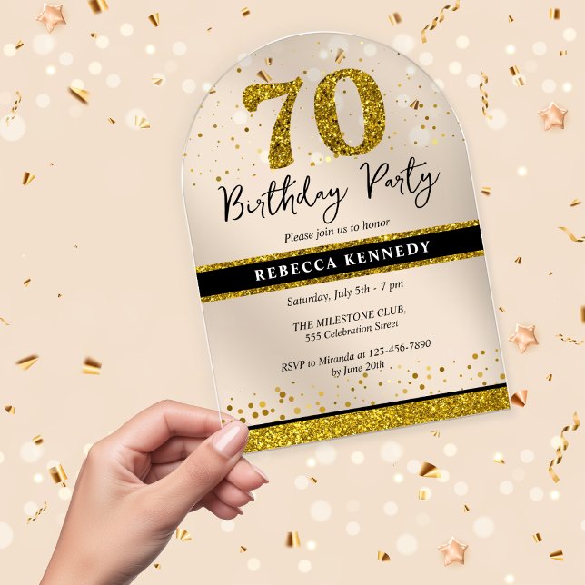Black And Gold Glitter 70th Birthday Party Acrylic Invitations (Black And Gold Glitter 70th Birthday Party Acrylic Invitations)