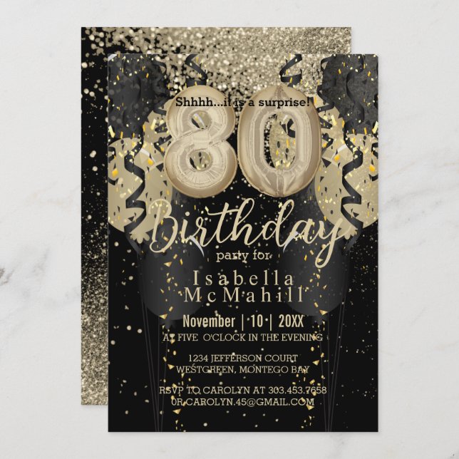 Black and Gold Glitter 80th Birthday Invitation (Front/Back)