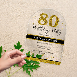 Black And Gold Glitter 80th Birthday Party Acrylic Invitations