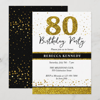 Black And Gold Glitter 80th Birthday Party Invitation