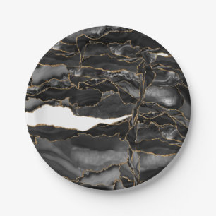 Black and Gold Glitter Agate Paper Plate