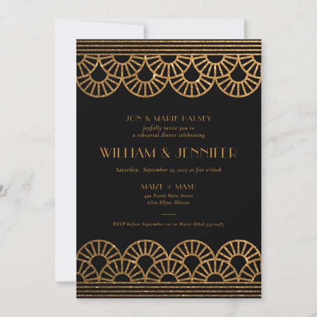 Black and Gold Glitter Art Deco Rehearsal Dinner Invitation (Front)
