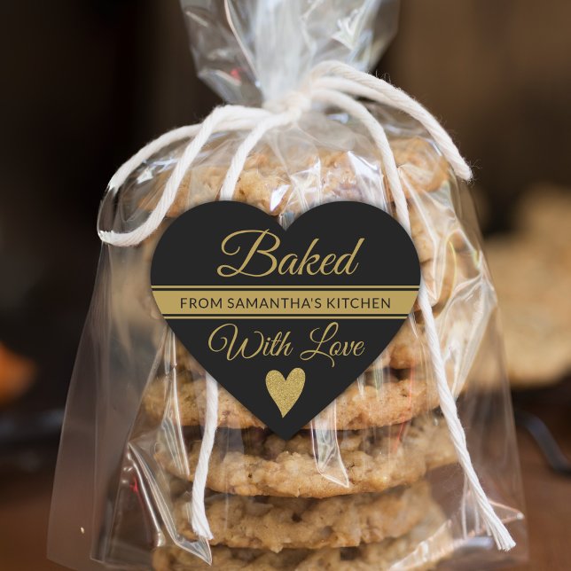 Black And Gold Glitter Baked With Love Name  Heart Sticker (Creator Uploaded)