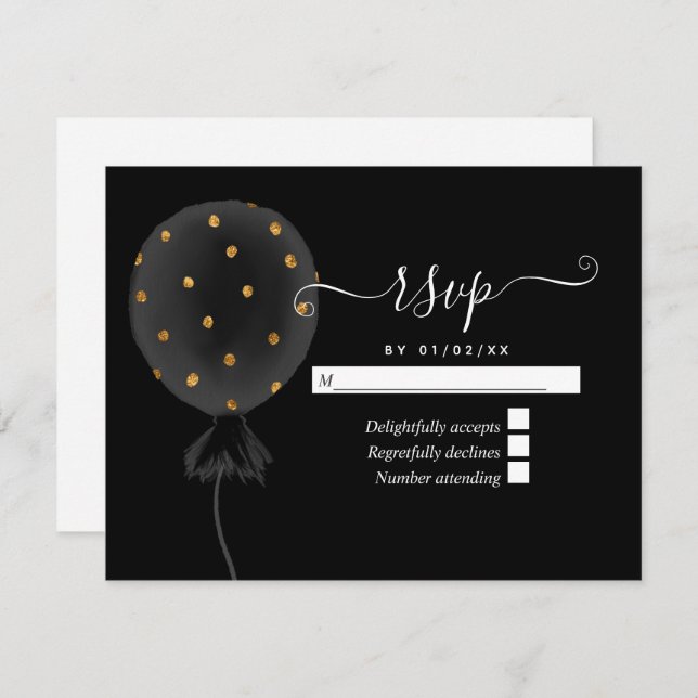 Black and Gold Glitter Balloon Wedding RSVP Card (Front/Back)