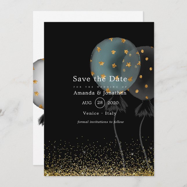 Black and Gold Glitter Balloon Wedding Save The Date (Front/Back)