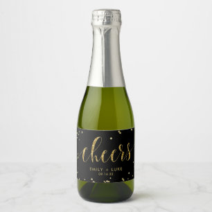 Black and Gold Glitter Cheers Wedding Sparkling Wine Label