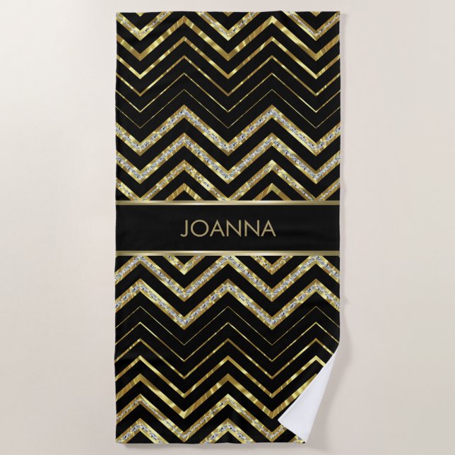 Black And Gold Glitter Chevron Beach Towel (Front)