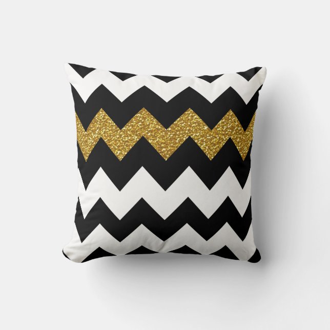 Black and Gold Glitter Chevron on White Cushion (Front)