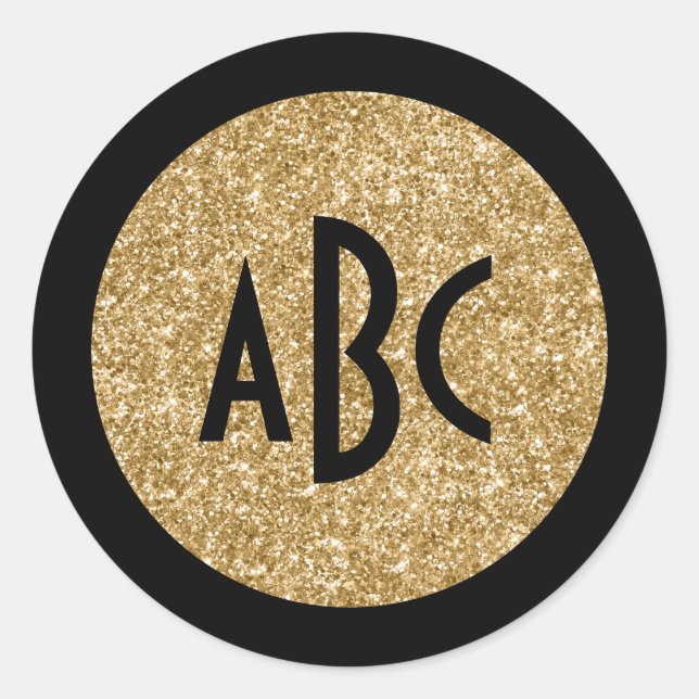 Black and Gold Glitter Circle Monogram Classic Round Sticker (Front)