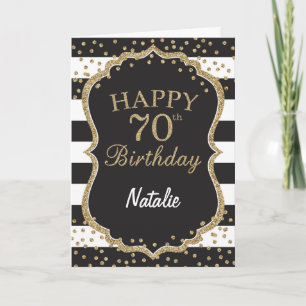 Black and Gold Glitter confetti 70th Birthday Card