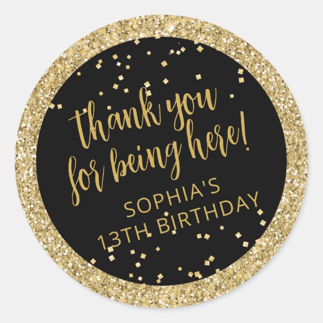 Black and Gold Glitter Confetti Birthday Thank You Classic Round Sticker (Front)
