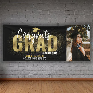 Black And Gold Glitter Congrats Grad Photo Banner