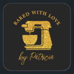 Black And Gold Glitter Custom Baked With Love   Square Sticker<br><div class="desc">Modern and trendy black and gold baked with love stickers. Gold glitter mixer image adds a glam look to the holiday baking gift packs.</div>