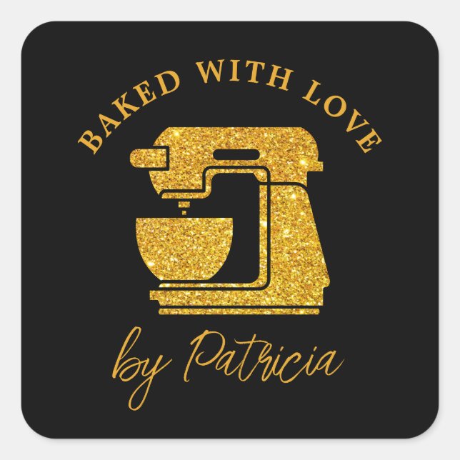 Black And Gold Glitter Custom Baked With Love   Square Sticker (Front)