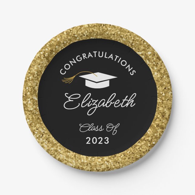 Black and Gold Glitter Custom Graduation Party Pap Paper Plate (Front)